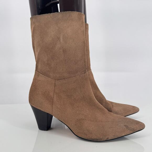 Zara Womens Soft Suede Beige Geometric Heels Ankle Boots Sz 8 Boho Western - Picture 1 of 9